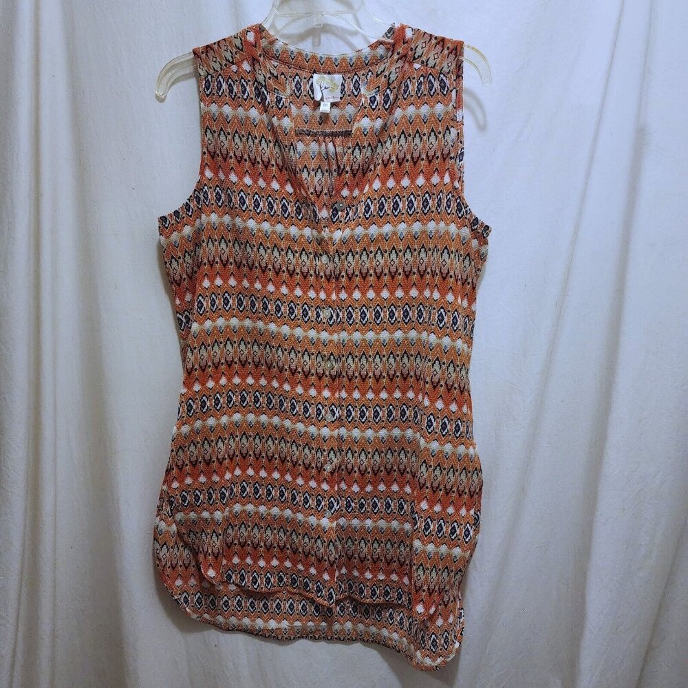Figs and Flowers Ikat Orange Multicolor‎ Sleeveless Button Front Top Tunic M